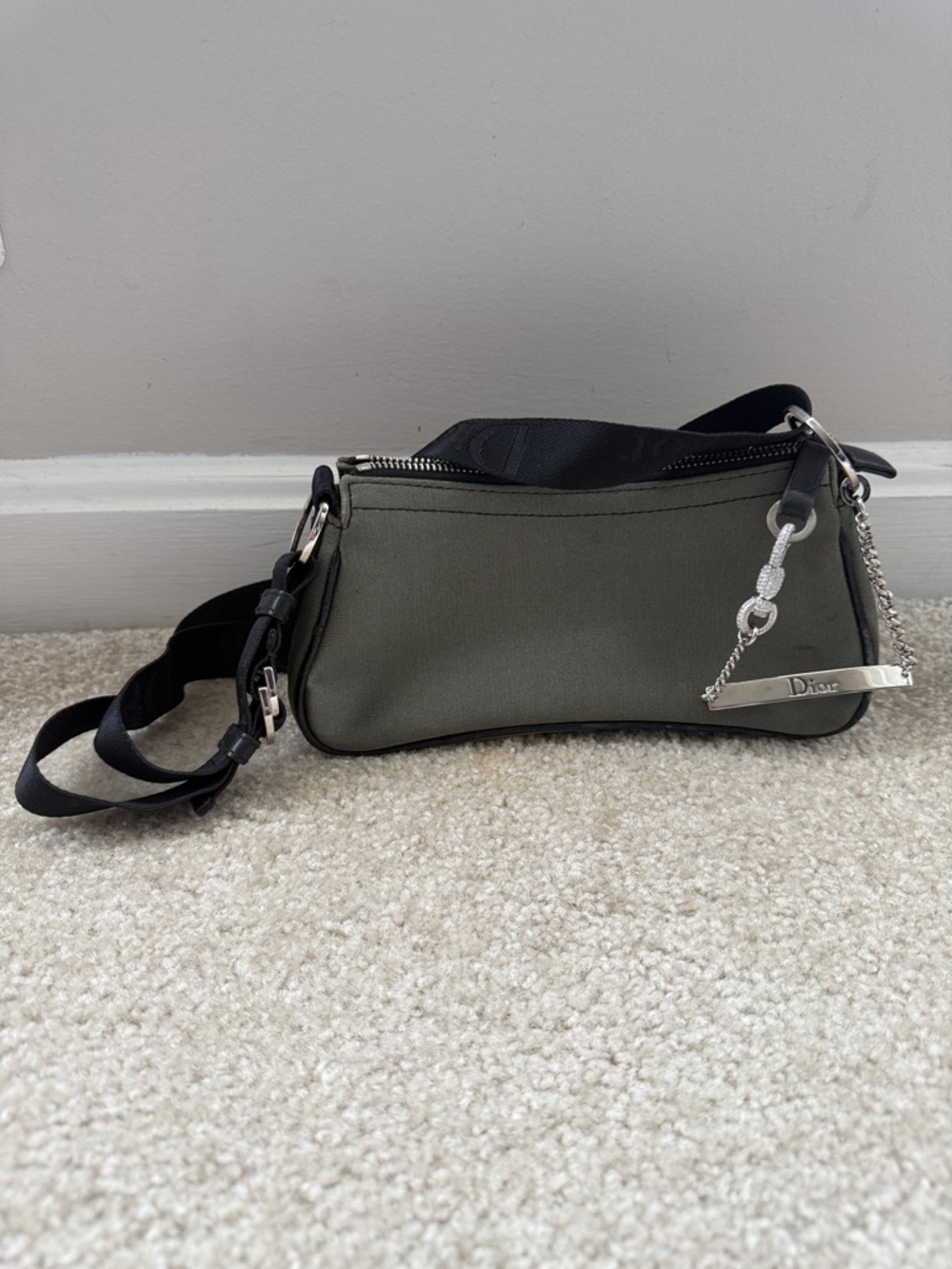 Dior Olive Mini Shoulder Bag with Black Strap and Silver Hardware